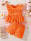 Tangerine Red Chic Solid Color Ribbed Wave Comfortable Shorts Set for Youngsters - Sleeveless Top & Shorts Outfit, Cute Outfits, for Outdoor FD6126B